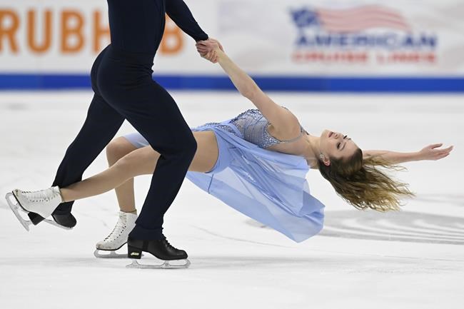 Madison Hubbell and Zachary Donohue compete in the ice dance program during the U.S. Figure Skating Championships Saturday, Jan. 8, 2022, in Nashville, Tenn. (AP Photo/Mark Zaleski)