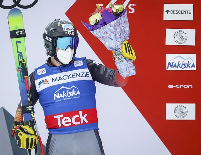 Canada's Kevin Drury celebrates his second place finish following the men's final at the World Cup ski cross event at Nakiska Ski Resort in Kananaskis, Alta., Friday, Jan. 14, 2022.THE CANADIAN PRESS/Jeff McIntosh