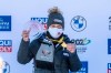 Winner Kaillie Humphries of USA on the podium after the Women's Monobob World Cup in St. Moritz, Switzerland, on Saturday, Jan. 15, 2022. (Mayk Wendt/Keystone via AP)