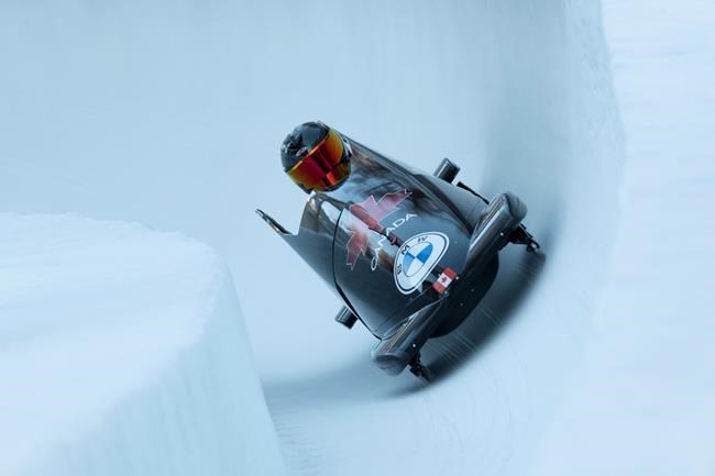 Cynthia Appiah of Canada in action during the Women's Monobob World Cup in St. Moritz, Switzerland, on Saturday, Jan. 15, 2022. (Mayk Wendt/Keystone via AP)