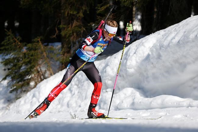 Canada's Emma Lunder competes during the women's 12.5 km mass start competition at the World Championships Biathlon event in Pokljuka, Slovenia, Sunday, Feb. 21, 2021. Lunder is one of the headliners on the list of eight Canadian biathletes nominated Wednesday for next month's Beijing Olympics. THE CANADIAN PRESS/AP/Darko Bandic
