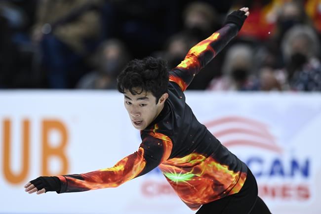 Nathan Chen competes in the men's free skate program during the U.S. Figure Skating Championships Sunday, Jan. 9, 2022, in Nashville, Tenn. (AP Photo/Mark Zaleski)