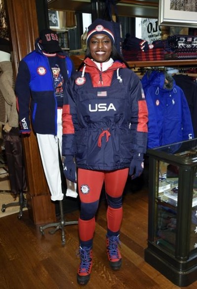 Bobsledder Aja Evans models the Team USA Beijing winter Olympics opening ceremony uniforms designed by Ralph Lauren on Wednesday, Jan. 19, 2022, in New York. (Photo by Evan Agostini/Invision/AP)