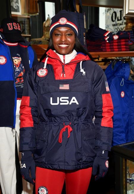 Bobsledder Aja Evans models the Team USA Beijing winter Olympics opening ceremony uniforms designed by Ralph Lauren on Wednesday, Jan. 19, 2022, in New York. (Photo by Evan Agostini/Invision/AP)