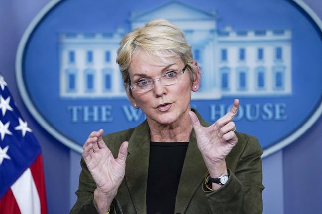 FILE - Energy Secretary Jennifer Granholm speaks during a press briefing at the White House, Nov. 23, 2021, in Washington. The Biden administration has issued its first clean energy loan guarantee, reviving an Obama-era program that disbursed billions of dollars in guarantees to help launch the country's first utility-scale wind and solar farms a decade ago but has largely gone dormant in recent years. The Energy Department said it would guarantee up to $1 billion in loans to help a Nebraska company scale up production of