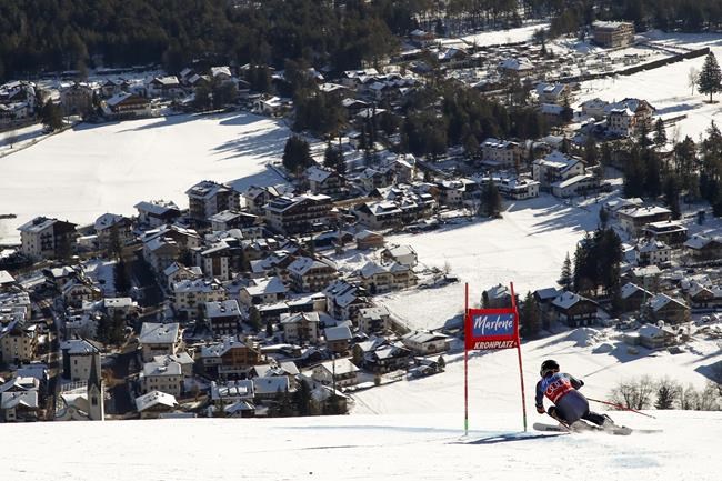 Sweden's Sara Hector speeds down the course during the first run of an alpine ski, women's World Cup giant slalom, in Kronplatz, Italy, Tuesday, Jan. 25, 2022. (AP Photo/Gabriele Facciotti)