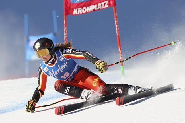 Canada's Valerie Grenier speeds down the course during the first run of an alpine ski, women's World Cup giant slalom, in Kronplatz, Italy, Tuesday, Jan. 25, 2022. THE CANADIAN PRESS/AP-Alessandro Trovati