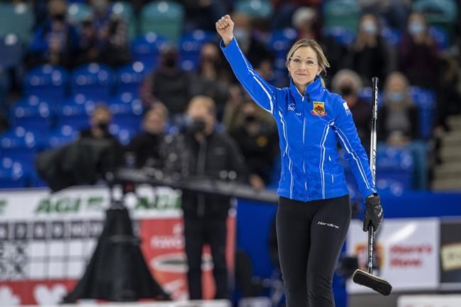 Team McCarville skip Krista McCarville reacts to a shot against Team Einarson during the Women’s Tiebreaker #2 of the 2021 Canadian Olympic curling trials in Saskatoon, Saturday, November 27, 2021. THE CANADIAN PRESS/Liam Richards