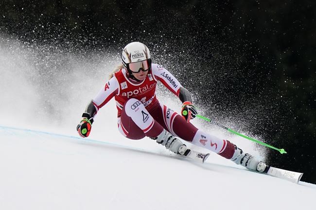 Austria's Cornelia Huetter competes during an alpine ski, women's World Cup downhill training session in Garmish Partenkirchen, Germany, Friday, Jan. 28, 2022. (AP Photo/Marco Tacca)