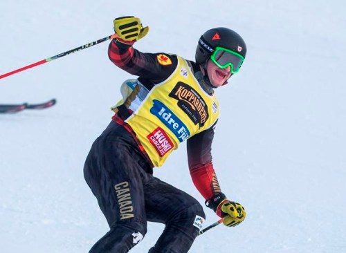 Reece Howden of Canada crosses the finish line to win the men's big final at the FIS Freestyle Ski World Cup event in Idre, Sweden, Sunday Jan. 24, 2021. THE CANADIAN PRESS/TT via AP, Pontus Lundahl