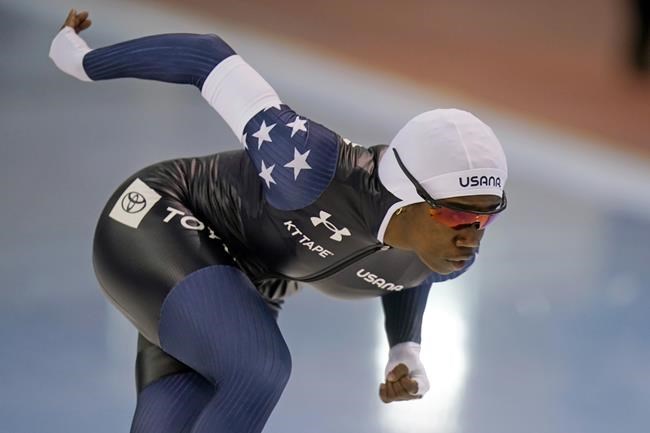 FILE - United States' Erin Jackson skates during the women's 500-meter World Cup speedskating race at the Utah Olympic Oval Saturday, Dec. 4, 2021, in Kearns, Utah. When one looks down the roster of the U.S. speedskating team at the Beijing Olympics, three names jump out. Brittany Bowe. Erin Jackson. Joey Mantia. They're all among the world’s best skaters and leading medal contenders at these Winter Games. But that’s not what draws your attention. It’s the hometown beside each of their names. The same city for all three. Ocala, Florida, of all places (AP Photo/Rick Bowmer, File)