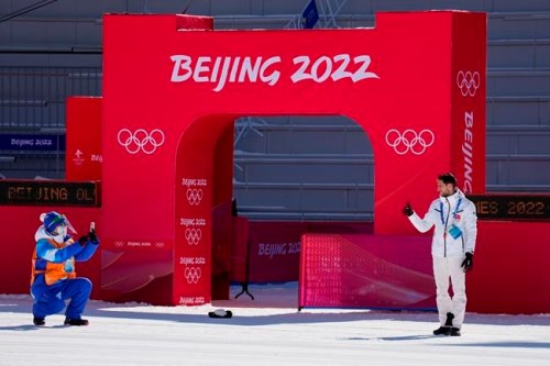 Turkey's Fatih Arda Ipcioglu poses for a photo before the start of ski jumping competition at the 2022 Winter Olympics, Wednesday, Feb. 2, 2022, in Zhangjiakou, China. (AP Photo/Andrew Medichini)