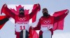 Canada's Max Parrot, of Bromont, Que., left, celebrates his gold medal with bronze medalist and teammate Mark McMorris, of Regina, following the men's slopestyle final at the Beijing Winter Olympic Games, in Zhangjiakou, China, Monday, Feb. 7, 2022. THE CANADIAN PRESS/Sean Kilpatrick