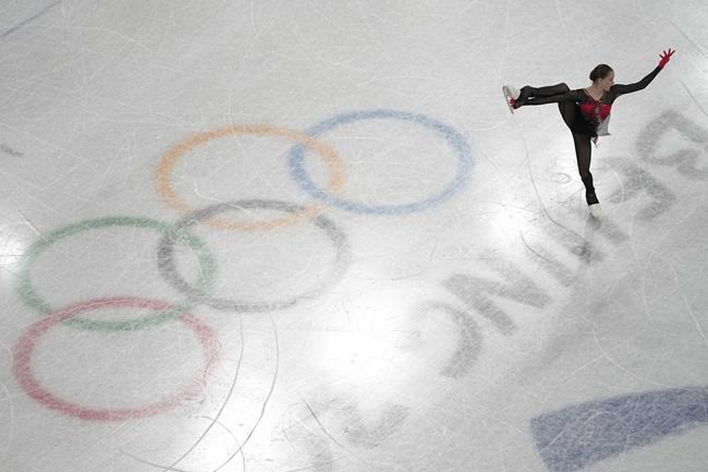 Kamila Valieva, of the Russian Olympic Committee, competes in the women's team free skate program during the figure skating competition at the 2022 Winter Olympics, Monday, Feb. 7, 2022, in Beijing. (AP Photo/Jeff Roberson)