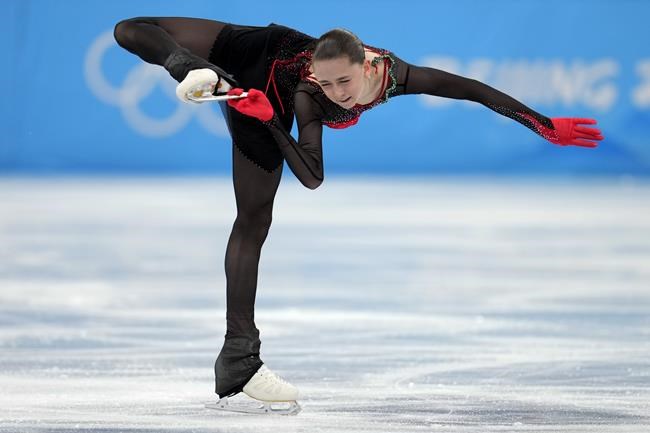 Kamila Valieva, of the Russian Olympic Committee, competes in the women's team free skate program during the figure skating competition at the 2022 Winter Olympics, Monday, Feb. 7, 2022, in Beijing. (AP Photo/Natacha Pisarenko)