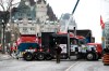 Trucks, now parked perpendicular to Wellington Street, are seen in front of the Chateau Laurier as a protest against COVID-19 restrictions that has been marked by gridlock and the sound of truck horns reaches its 14th day, in Ottawa, Thursday, Feb. 10, 2022. Parliamentarians will hear from the crowdfunding site GoFundMe about what measures it has in place to prevent the funding of extremism. THE CANADIAN PRESS/Justin Tang