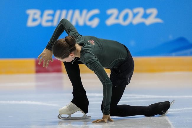 Kamila Valieva, of the Russian Olympic Committee, trains at the 2022 Winter Olympics, Saturday, Feb. 12, 2022, in Beijing. (AP Photo/Bernat Armangue)