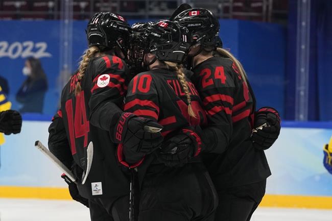 Canada's Sarah Fillier (10) celebrates a goal with teammates during a women's quarterfinal hockey game against Sweden at the 2022 Winter Olympics, in Beijing, Friday, Feb. 11, 2022. THE CANADIAN PRESS/AP-Petr David Josek