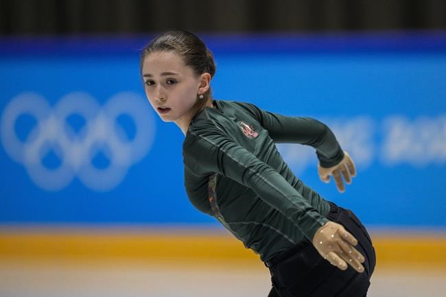 Kamila Valieva, of the Russian Olympic Committee, trains at the 2022 Winter Olympics, Saturday, Feb. 12, 2022, in Beijing. (AP Photo/Bernat Armangue)