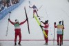 Teammates cheer as Sergey Ustiugov, of the Russian Olympic Committee, finishes during the men's 4 x 10km relay cross-country skiing competition at the 2022 Winter Olympics, Sunday, Feb. 13, 2022, in Zhangjiakou, China. (AP Photo/Aaron Favila)