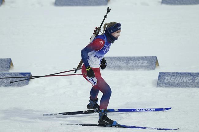Marte Olsbu Roeiseland of Norway skis during the women's 10-kilometer pursuit race at the 2022 Winter Olympics, Sunday, Feb. 13, 2022, in Zhangjiakou, China. (AP Photo/Kirsty Wigglesworth)