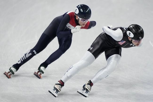 Kristen Santos of the United States, races in her quarterfinal of the women's 1500-meters during the short track speedskating competition at the 2022 Winter Olympics, Wednesday, Feb. 16, 2022, in Beijing. (AP Photo/David J. Phillip)