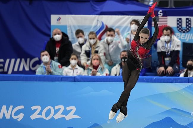 Kamila Valieva, of the Russian Olympic Committee, competes in the women's team free skate program during the figure skating competition at the 2022 Winter Olympics, Monday, Feb. 7, 2022, in Beijing. (AP Photo/David J. Phillip)