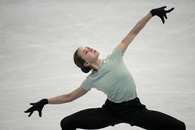 Kamila Valieva, of the Russian Olympic Committee, trains at the 2022 Winter Olympics, Wednesday, Feb. 16, 2022, in Beijing. (AP Photo/Natacha Pisarenko)