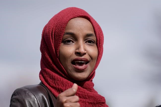 Congresswoman Ilhan Omar, D-Minn., speaks Tuesday, April 20, 2021, in Brooklyn Center, Minn. THE CANADIAN PRESS/AP-Morry Gash