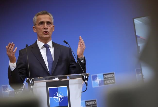NATO Secretary General Jens Stoltenberg speaks during a media conference after a meeting of the NATO-Ukraine Commission at NATO headquarters in Brussels, Tuesday, Feb. 22, 2022. World leaders are getting over the shock of Russian President Vladimir Putin ordering his forces into separatist regions of Ukraine and they are focusing on producing as forceful a reaction as possible. Germany made the first big move Tuesday and took steps to halt the process of certifying the Nord Stream 2 gas pipeline from Russia. (AP Photo/Olivier Matthys)