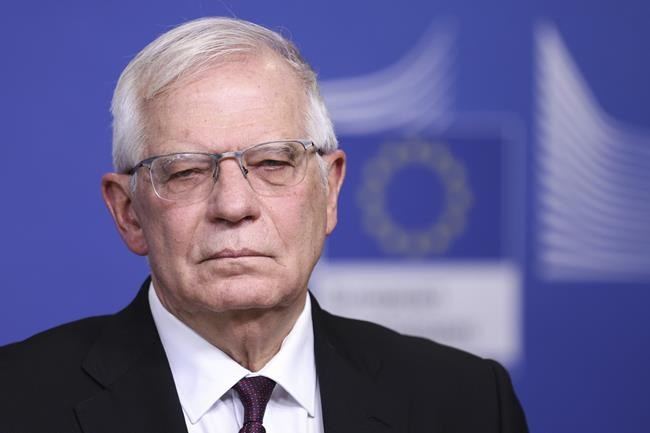 European Union foreign policy chief Josep Borrell, speaks during a press statement on Ukraine, at EU headquarters in Brussels, Thursday, Feb 24, 2022. Russian troops launched a wide-ranging attack on Ukraine on Thursday, as President Vladimir Putin cast aside international condemnation and sanctions and warned other countries that any attempt to interfere would lead to
