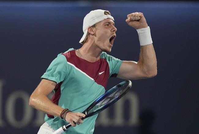 Canada's Denis Shapovalov reacts after he got a point against Czech Republic's Jiri Vesely during a semifinal match of the Dubai Duty Free Tennis Championship in Dubai, United Arab Emirates, Friday, Feb. 25, 2022. THE CANADIAN PRESS/AP-Kamran Jebreili