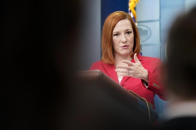 White House press secretary Jen Psaki speaks during a press briefing at the White House, Monday, March 7, 2022, in Washington. (AP Photo/Patrick Semansky)