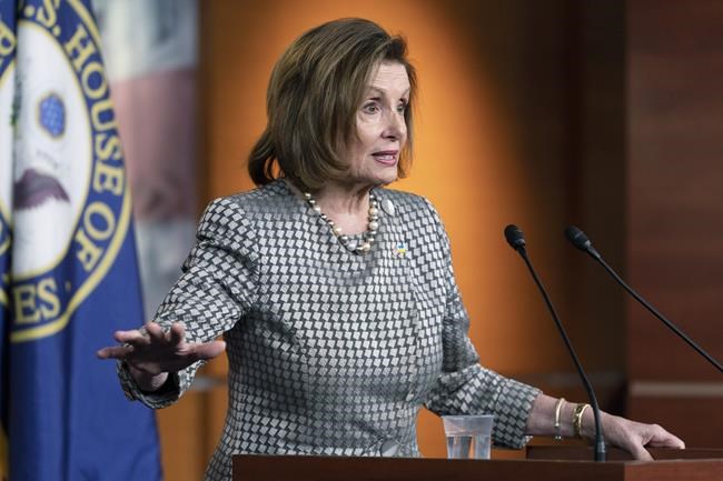 Speaker of the House Nancy Pelosi, of Calif., speaks to the media, Thursday, March 3, 2022, on Capitol Hill in Washington. (AP Photo/Jacquelyn Martin)