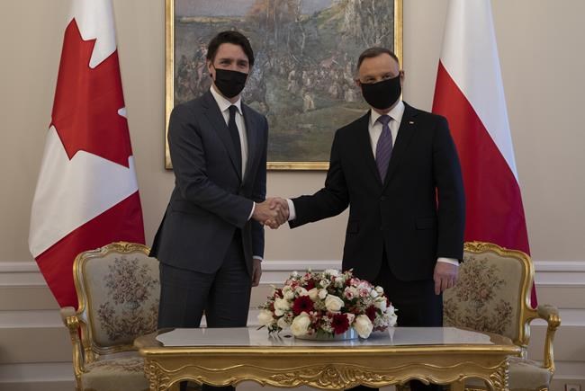Canadian Prime Minister Justin Trudeau meets with Polish President Andrzej Duda at the palace in Warsaw, Poland, Thursday, March 10, 2022. THE CANADIAN PRESS/Adrian Wyld