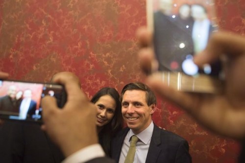 Brampton Mayor Patrick Brown poses for a photo for a supporter alongside his wife Genevieve Gualtieri after winning the Brampton Mayoral Election during a campaign celebration in Brampton, Ont., Monday, Oct. 22, 2018.&nbsp;Brown, the former member of Parliament who unceremoniously resigned as Ontario's Progressive Conservative leader and returned as Brampton's mayor, plans today to embark on his latest challenge: Running for Conservative leadership. THE CANADIAN PRESS/Chris Young