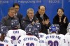 FILE - From left to right, South Korea President Moon Jae-in, IOC President Thomas Bach, North Korea's nominal head of state Kim Yong Nam and Kim Yo Jong, sister of North Korean leader Kim Jong Un, greet players after the women's hockey game between Switzerland and the combined Koreas at the Winter Olympics in Gangneung, South Korea, Saturday, Feb. 10, 2018. The International Olympic Committee has always been political, from the sheikhs and royals in its membership to a seat at the United Nations to pushing for peace talks between the Koreas. But Russia’s invasion of Ukraine three weeks ago exposed its irreconcilable claims of “political neutrality.” (AP Photo/Jae C. Hong, File)