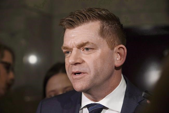 Brian Jean speaks to reporters at the Alberta legislature in Edmonton on Monday, March 20, 2017. Jean, a rival to Alberta Premier Jason Kenney's leadership, says he fears a mail-in leadership vote will be rampant with cheating and fraud. THE CANADIAN PRESS/Codie McLachlan