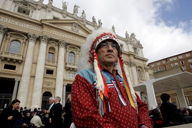 FILE - Native Canadian Phil Fontaine, national chief of the Assembly of First Nations, attends Pope Benedict XVI general audience in St. Peter's Square at the Vatican, Wednesday April 29, 2009. A group of native Canadians attended the pontiff's general audience on Wednesday before a private meeting where the pope expressed his concern for the acknowledged abuse and