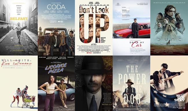 This combination of photos shows promotional art for the films nominated for an Oscar for best picture, top row from left,