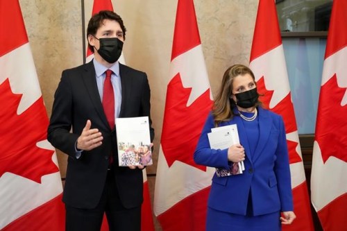 Finance Minister and Deputy Prime Minister Chrystia Freeland and Prime Minister Justin Trudeau speak with members of the media before the release of the federal budget, on Parliament Hill, in Ottawa, Thursday, April 7, 2022.&nbsp;Canada's premiers say they're disappointed the federal government didn't put forward a sustainable plan to financially shore up the country's ailing health systems in its newly tabled budget. THE CANADIAN PRESS/Sean Kilpatrick