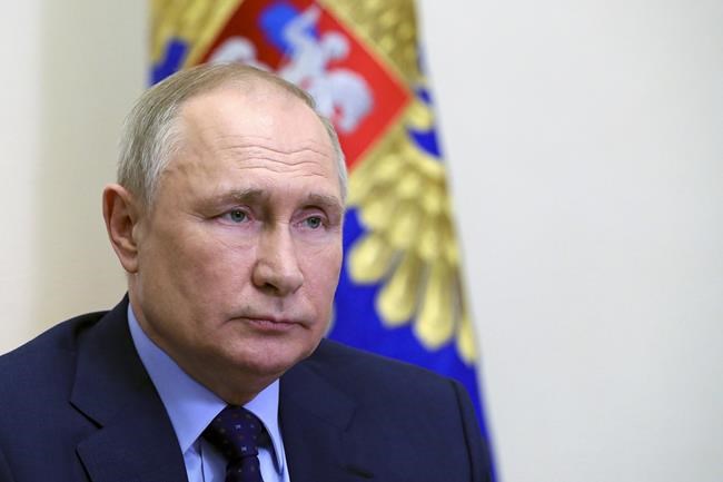 Russian President Vladimir Putin chairs a Security Council meeting via videoconference at the Novo-Ogaryovo residence outside Moscow, Russia, Thursday, April 7, 2022. Canada is targeting Russia's defence industry with its latest round of sanctions over Moscow's invasion of neighbouring Ukraine.THE CANADIAN PRESS/AP-Kremlin Pool Photo, Sputnik - Mikhail Klimentyev