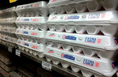 This July 6, 2016, file photo shows egg cartons displayed on a shelf at a market in San Francisco.&nbsp;Agriculture and Agri-Food Canada says the food industry is making adjustments to maintain supplies of poultry and eggs in the face of&nbsp; a large outbreak of avian flu in Canada and around the world.THE CANADIAN PRESS/AP/Jeff Chiu, File
