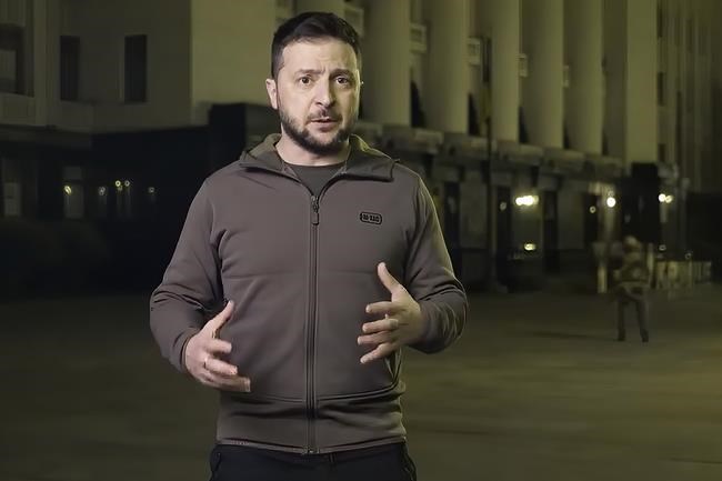 In this image from video provided by the Ukrainian Presidential Press Office, Ukrainian President Volodymyr Zelenskyy speaks from Kyiv, Ukraine, Thursday, April 14, 2022. (Ukrainian Presidential Press Office via AP)