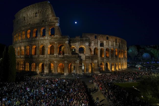 A view of the Colosseum where Pope Francis will preside over the Via Crucis (Way of the Cross) torchlight procession on Good Friday in front of Rome's Colosseum, in Rome, Friday, April 15, 2022. (AP Photo/Gregorio Borgia)