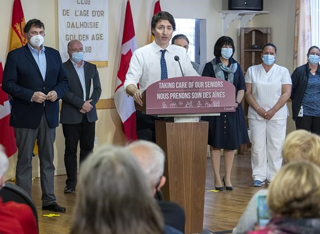 Prime Minister Justin Trudeau makes a long-term care announcement at the Golden Age Club in Dalhousie, N.B. during a post-budget tour on Tuesday, April 19, 2022. THE CANADIAN PRESS/Andrew Vaughan