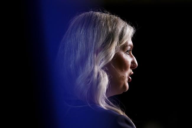 Conservative member of Parliament Leona Alleslev announces her candidacy for the Conservative leadership during a press conference on Parliament Hill in Ottawa on Wednesday, April 6, 2022. Conservative leadership candidates have until April 29 to submit their paperwork, $300,000 worth in fees and nomination signatures to appear on the final ballot. THE CANADIAN PRESS/Sean Kilpatrick