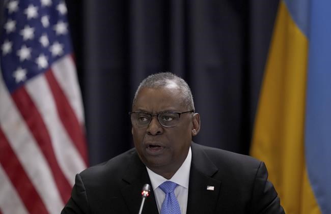 U.S. Secretary of Defense, Lloyd Austin, delivers a speech as he hosts the meeting of the Ukraine Security Consultative Group at Ramstein Air Base in Ramstein, Germany, Tuesday, April 26, 2022. (AP Photo/Michael Probst)
