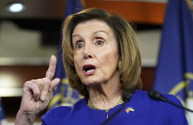 FILE - House Speaker Nancy Pelosi, D-Calif., speaks about gas prices during a press conference, Thursday, April 28, 2022, on Capitol Hill in Washington. During a climate conference in South Florida on Monday, May 9, Pelosi said Russia's invasion of Ukraine has made energy independence more important than ever. (AP Photo/Mariam Zuhaib, File)
