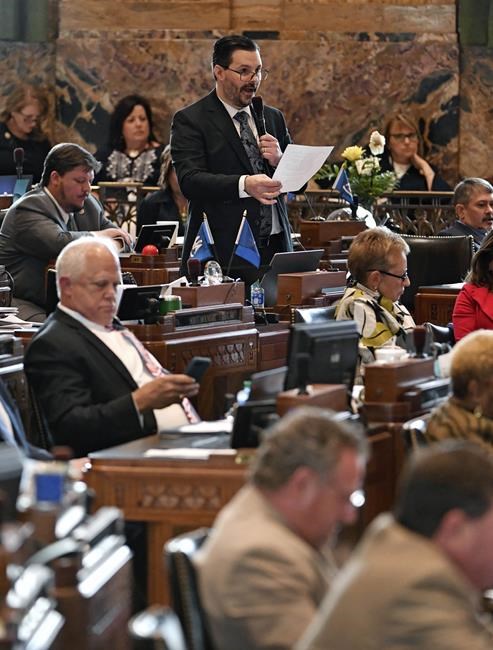 Rep. Barry Ivey, R-Baton Rouge, questions Rep. Danny McCormick, R-Oil City, on his bill, HB813, concerning abortion during legislative session, Thursday, May 12, 2022, in the House Chambers of the Louisiana State Capitol in Baton Rouge, La. (Hillary Scheinuk/The Advocate via AP)